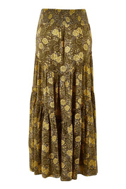 Product shot of the Skirting Around The Garden Skirt in colour Khakigold (Green), from the back