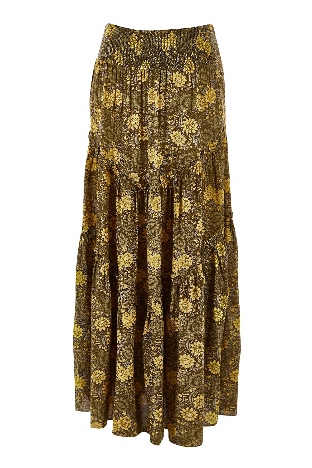 Product shot of the Skirting Around The Garden Skirt in colour Khakigold (Green), from the front
