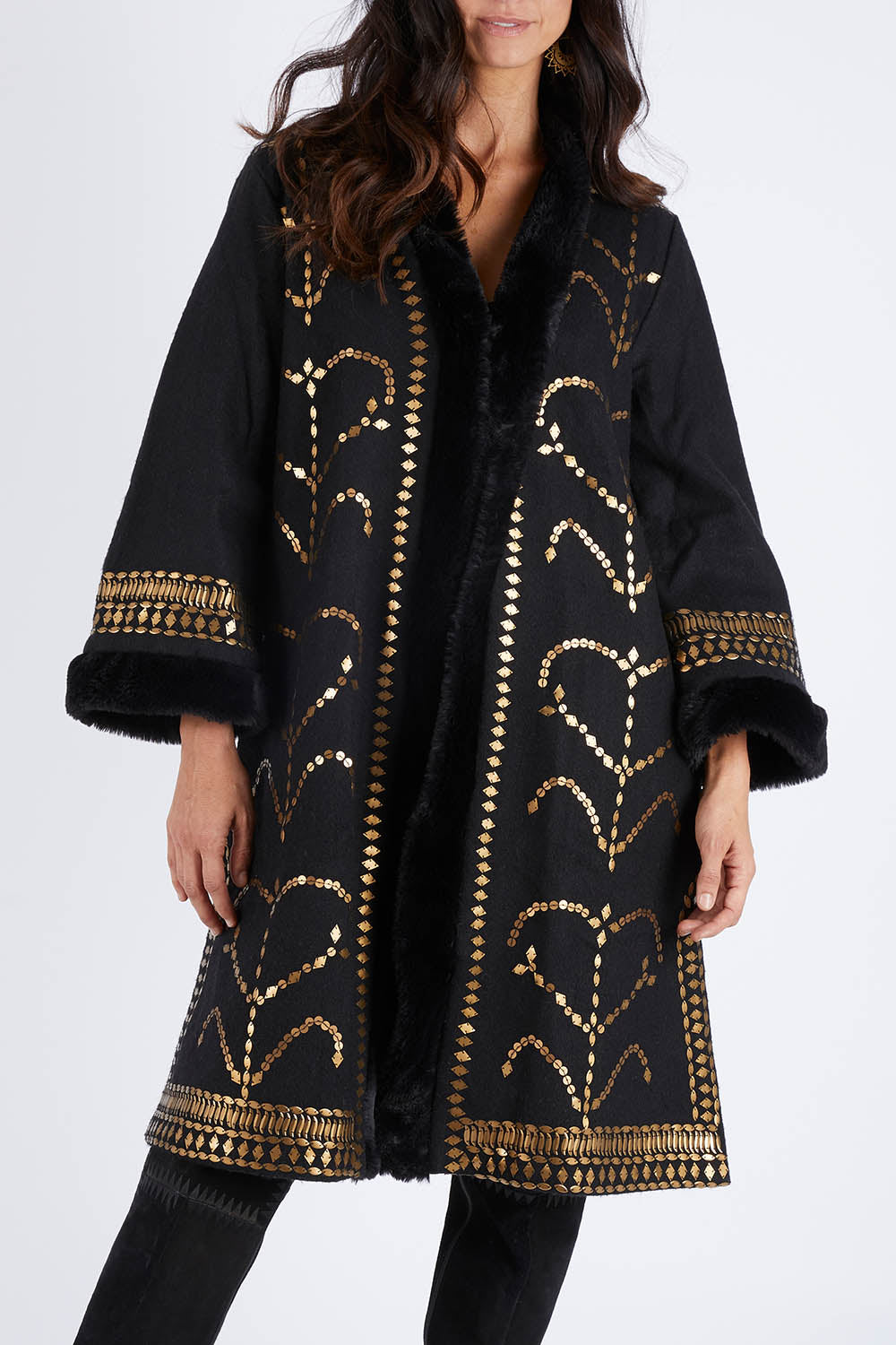 Model Gemma wearing size 10 of the Warm My Heart Applique Jacket in colour Black (Black), from the front, cropped image