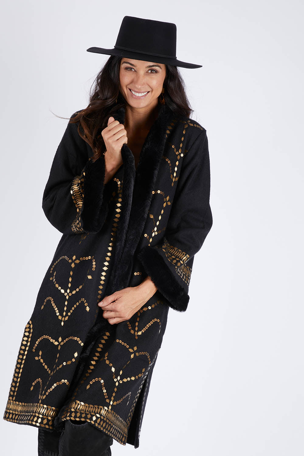 Model Gemma wearing size 10 of the Warm My Heart Applique Jacket in colour Black (Black), from the front, cropped image