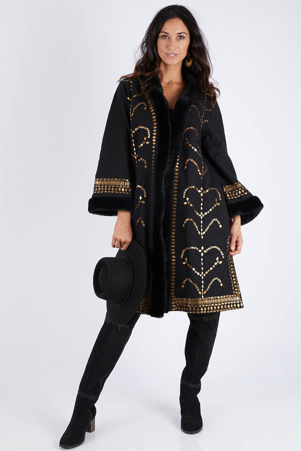 Model Gemma wearing size 10 of the Warm My Heart Applique Jacket in colour Black (Black), from the front, showing the whole outfit