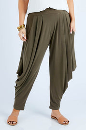 Model Jess wearing size 14 of The Wanderer In Me Travel Pant in colour Khaki (Green), from the front, cropped image