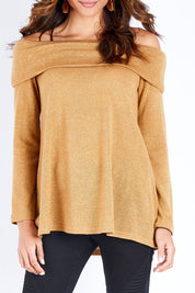 Model Ilona wearing size 10 of the Shine Bright Off The Shoulder Top in colour Gold (Metallics), from the front, cropped image