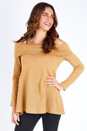 Model Ilona wearing size 10 of the Shine Bright Off The Shoulder Top in colour Gold (Metallics), from the front, cropped image