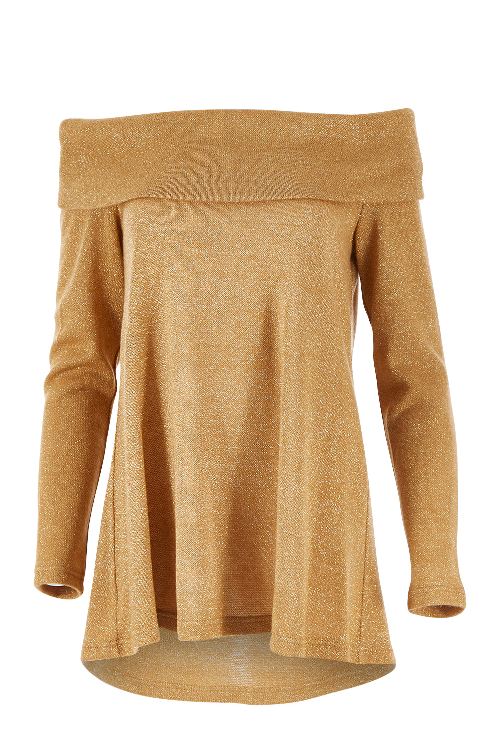 Product shot of the Shine Bright Off The Shoulder Top in colour Gold (Metallics), from the front