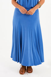 Model Monique wearing size 14 of The Wanderer In Me Travel Skirt in colour Denim (Blue), from the front, cropped image