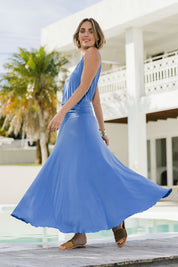 Model Tegan wearing size 10 of The Wanderer In Me Travel Skirt in colour Denim (Blue), from the front, showing the whole outfit