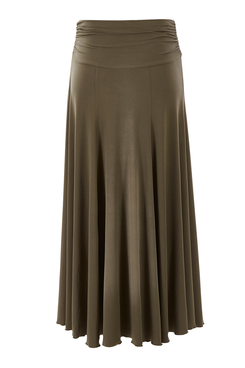 Product shot of The Wanderer In Me Travel Skirt in colour Khaki (Green), from the back