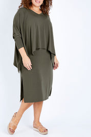 Model Jess wearing size 16 of The Wanderer In Me Travel Set in colour Khaki (Green), from the front, cropped image