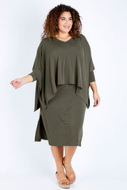 Model Jess wearing size 16 of The Wanderer In Me Travel Set in colour Khaki (Green), from the front, showing the whole outfit