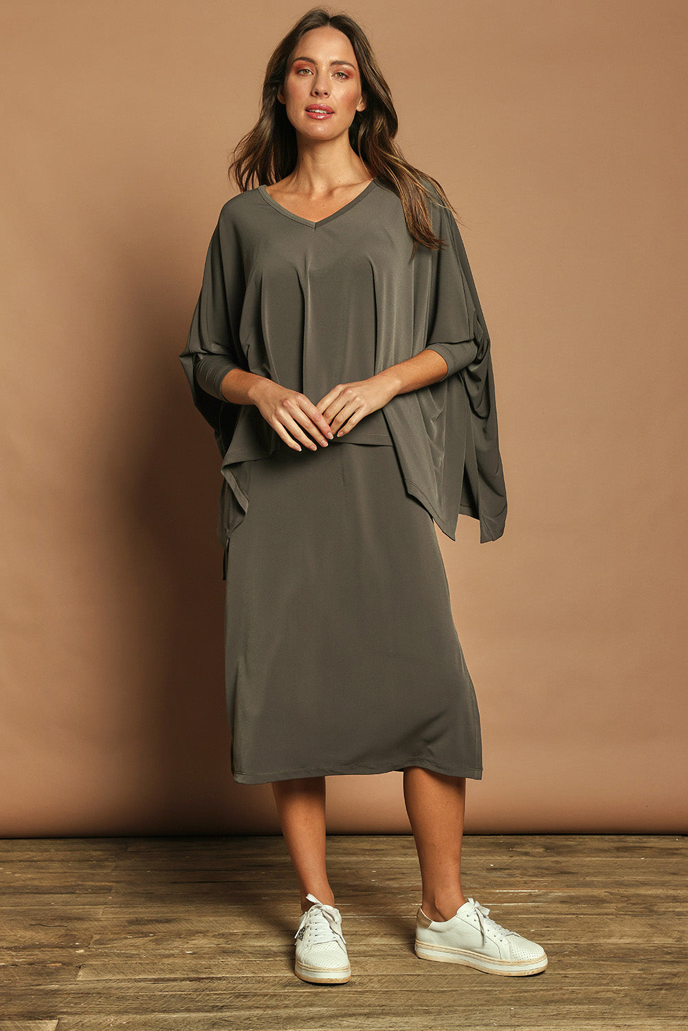 Model Madeline wearing size 10 of The Wanderer In Me Travel Set in colour Khaki (Green), from the front, showing the whole outfit