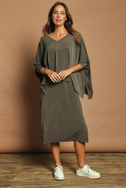 Model Madeline wearing size 10 of The Wanderer In Me Travel Set in colour Khaki (Green), from the front, showing the whole outfit