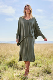 Model Tegan wearing size 10 of The Wanderer In Me Travel Set in colour Khaki (Green), from the front, showing the whole outfit