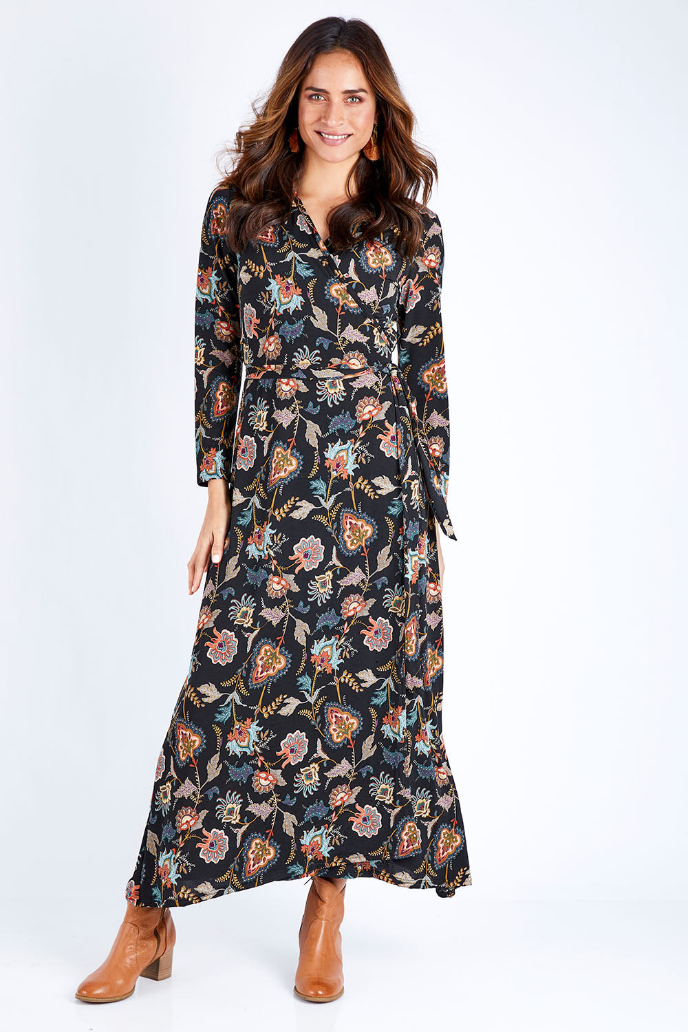 Model Ilona wearing size 10 of the Life Is Beautiful Wrap Maxi Dress in colour Blkfleur (Black), from the front, showing the whole outfit