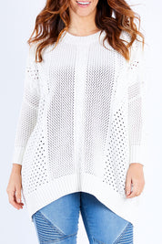 Model Laura wearing size L of the Nothing Better Than You Cotton Sweater in colour Milk (White), from the front, cropped image