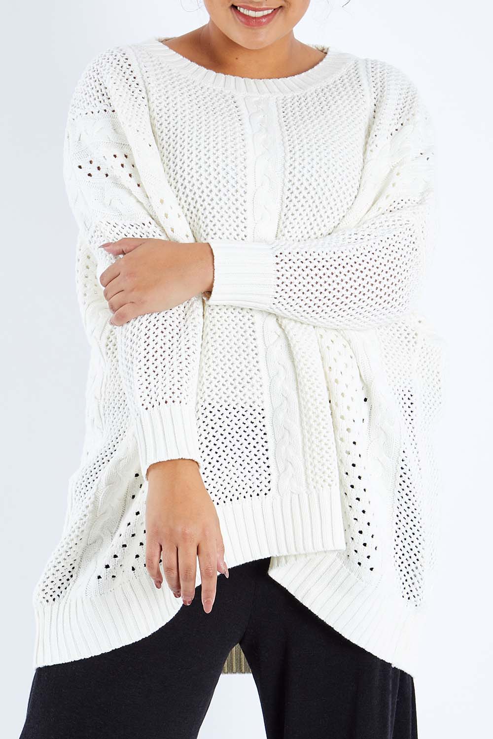 Model Sasha-Lee wearing size XL of the Nothing Better Than You Cotton Sweater in colour Milk (White), from the front, cropped image