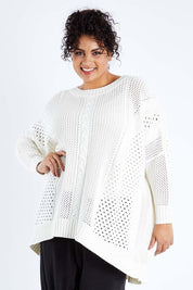 Model Sasha-Lee wearing size XL of the Nothing Better Than You Cotton Sweater in colour Milk (White), from the front, cropped image