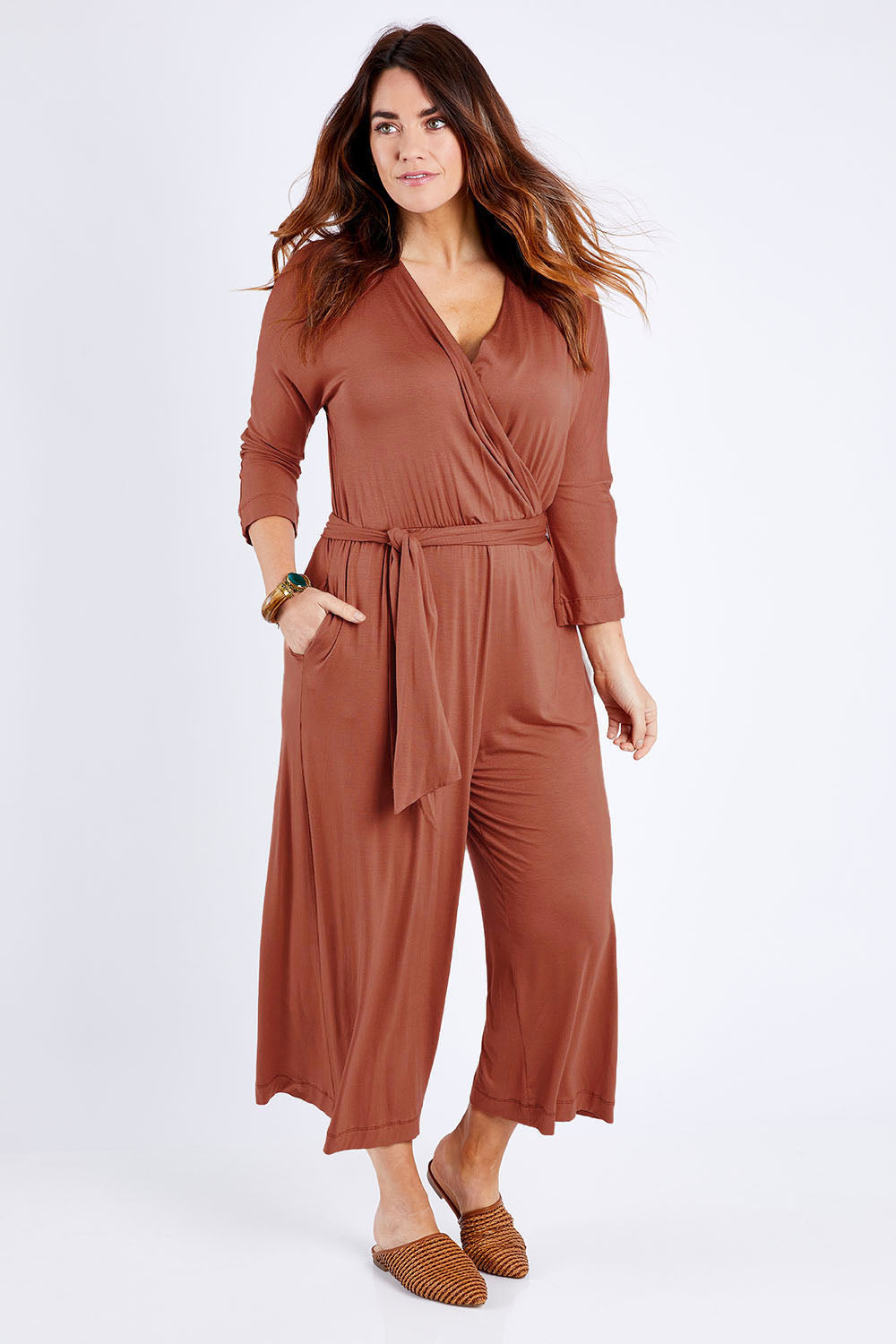 Model Laura wearing size 14 of the Stylish Comfort Bamboo Jumpsuit in colour Copper, from the front, showing the whole outfit