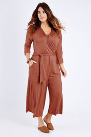 Model Laura wearing size 14 of the Stylish Comfort Bamboo Jumpsuit in colour Copper, from the front, showing the whole outfit