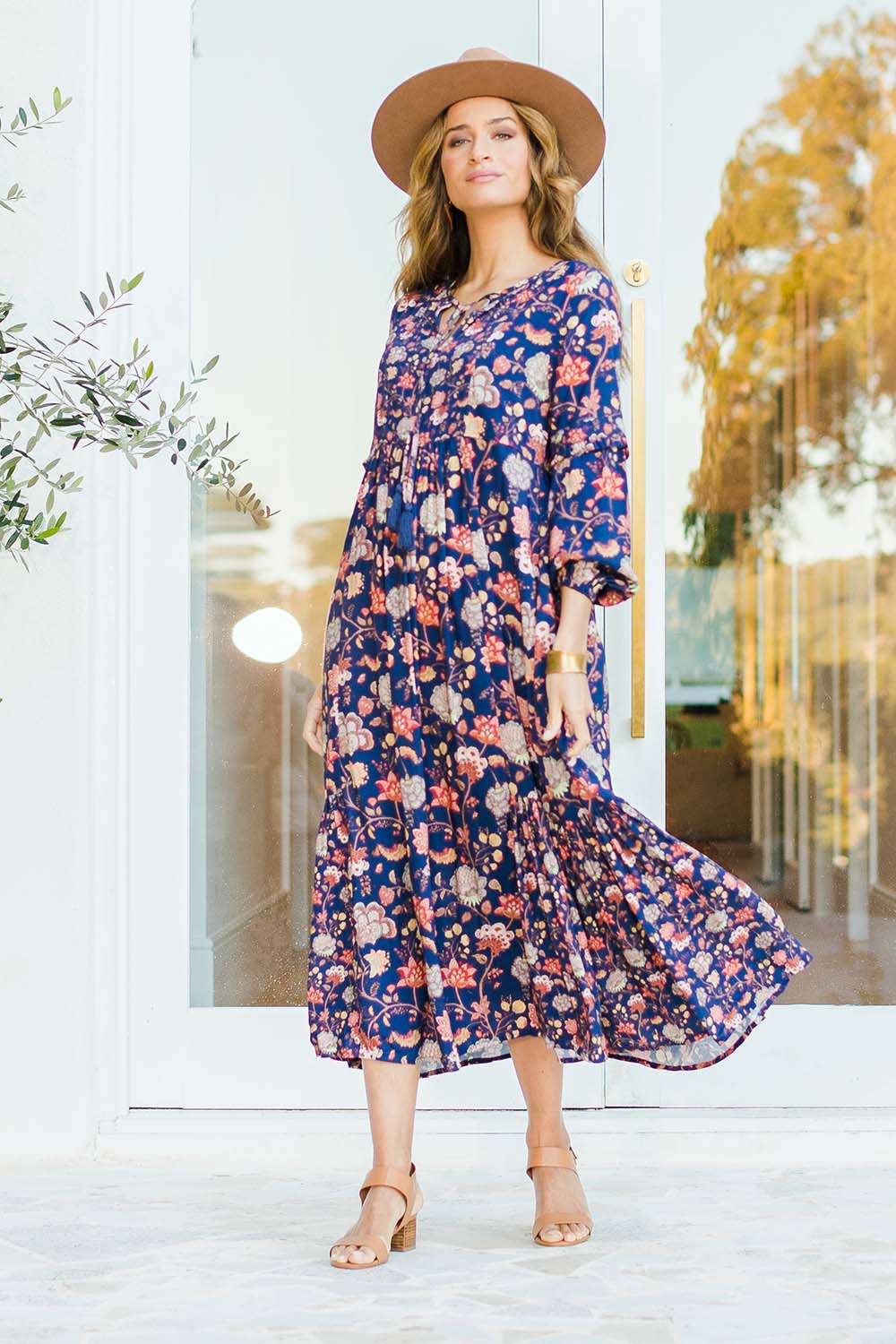 Model Ilona wearing size 10 of the Its Better With You Dress in colour Deepblue (Blue), from the front, showing the whole outfit