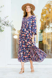 Model Ilona wearing size 10 of the Its Better With You Dress in colour Deepblue (Blue), from the front, showing the whole outfit