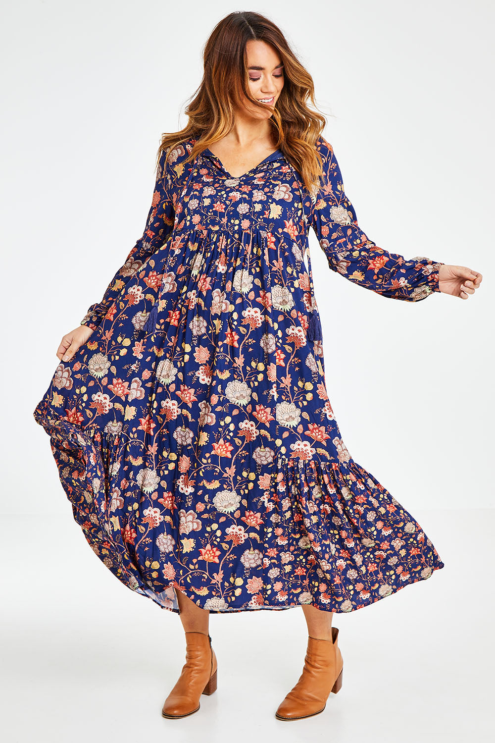 Model Laura wearing size 14 of the Its Better With You Dress in colour Deepblue (Blue), from the front, showing the whole outfit
