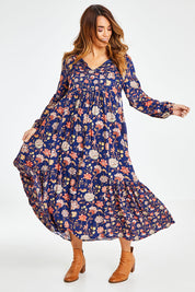 Model Laura wearing size 14 of the Its Better With You Dress in colour Deepblue (Blue), from the front, showing the whole outfit
