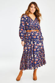 Model Laura wearing size 14 of the Its Better With You Dress in colour Deepblue (Blue), from the front, showing the whole outfit