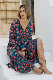 Model Tegan wearing size 10 of the Its Better With You Dress in colour Tealfleur (Blue), from the front, showing the whole outfit