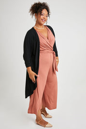 Model Alexis wearing size 16 of the Falling For You Bamboo Cardi in colour Black (Black), from the front, showing the whole outfit