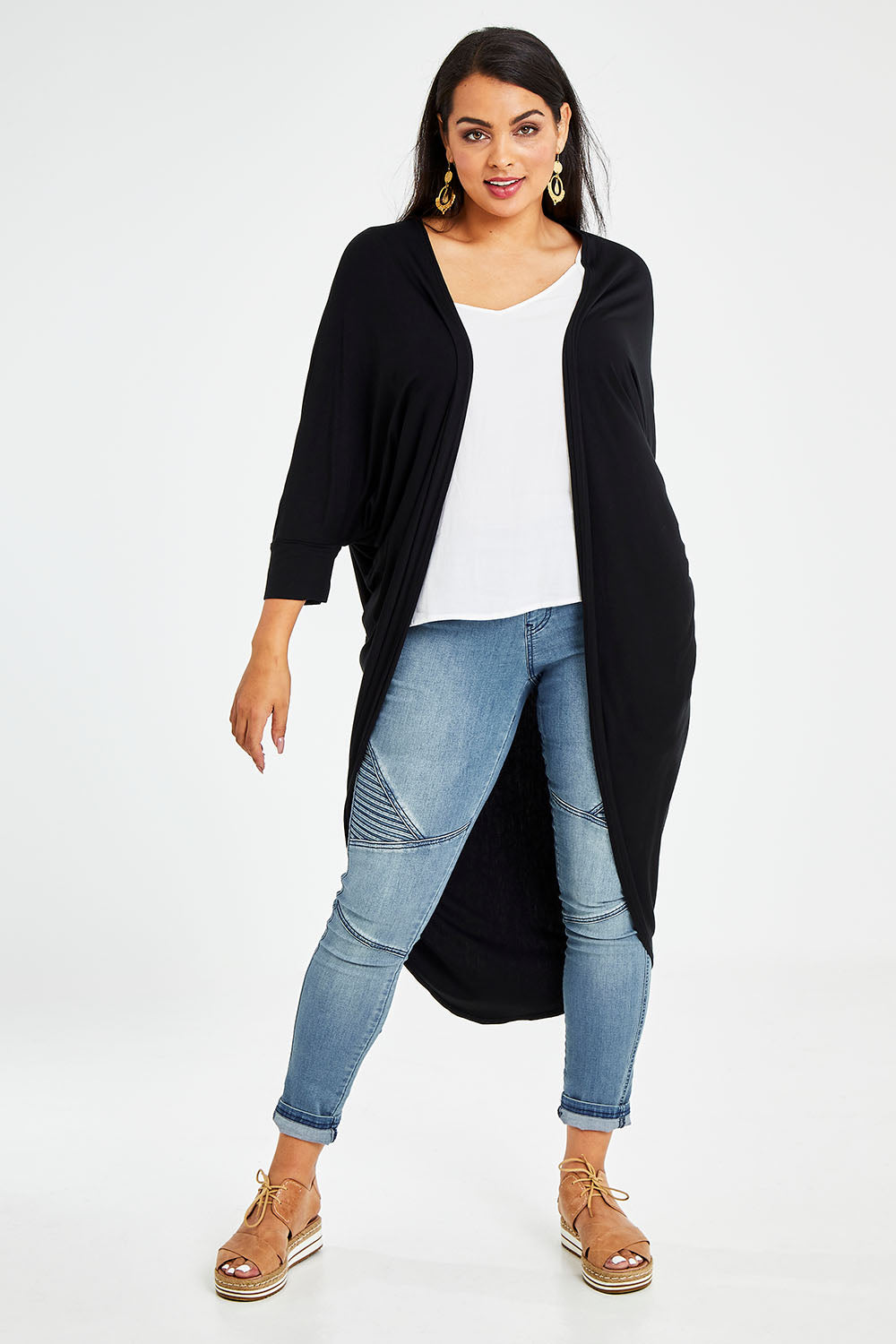 Model Sasha-Lee wearing size 16 of the Falling For You Bamboo Cardi in colour Black (Black), from the front, showing the whole outfit