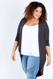 Model Jess wearing size 16 of the Falling For You Bamboo Cardi in colour Storm (Black), from the front, cropped image