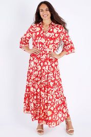 Model Larissa wearing size 10 of the Happy When Im With You Maxi Dress in colour Redfleur (Red), from the front, showing the whole outfit