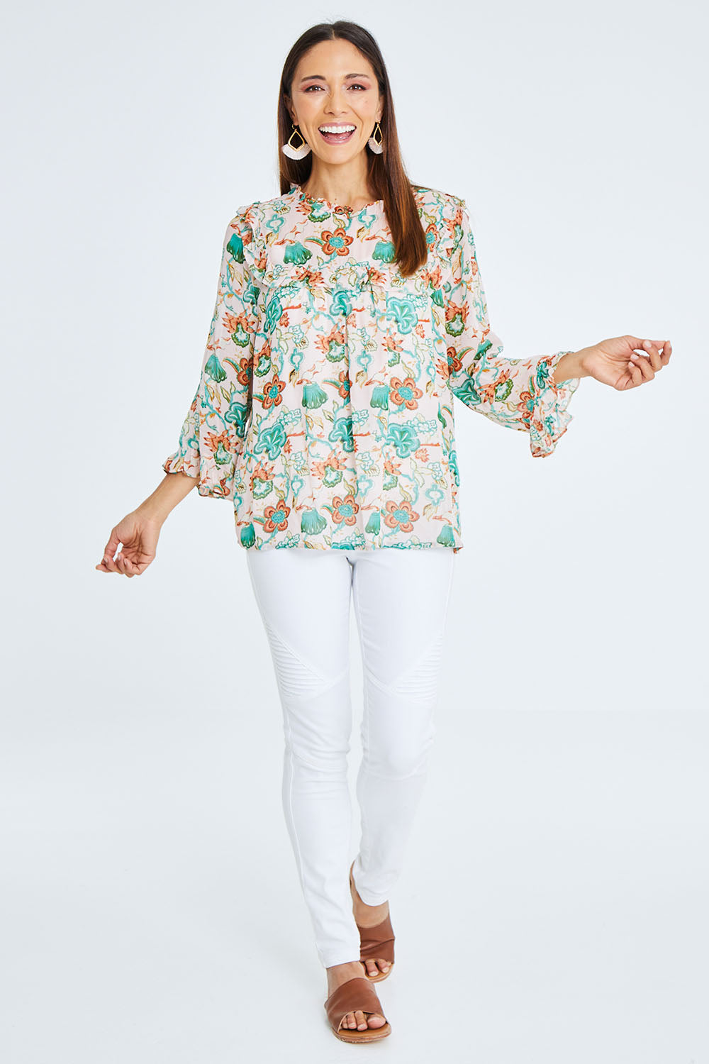 Model Cara wearing size 10 of the Meet Me At Midnight Blouse in colour Pastel (Pink), from the front, showing the whole outfit