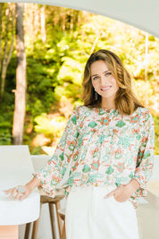 Model Ilona wearing size 10 of the Meet Me At Midnight Blouse in colour Pastel (Pink), from the front, showing the whole outfit