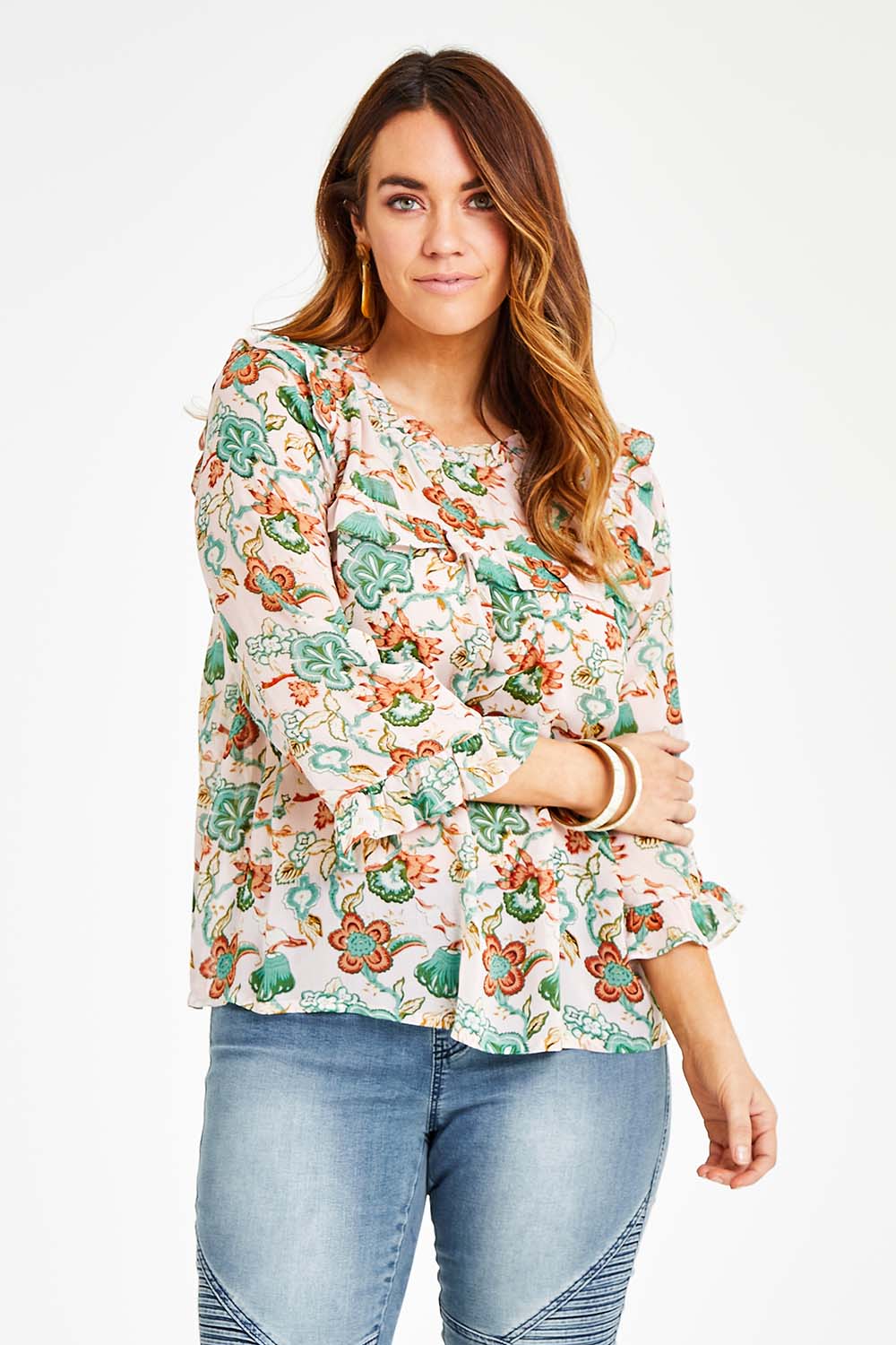 Model Laura wearing size 14 of the Meet Me At Midnight Blouse in colour Pastel (Pink), from the front, cropped image