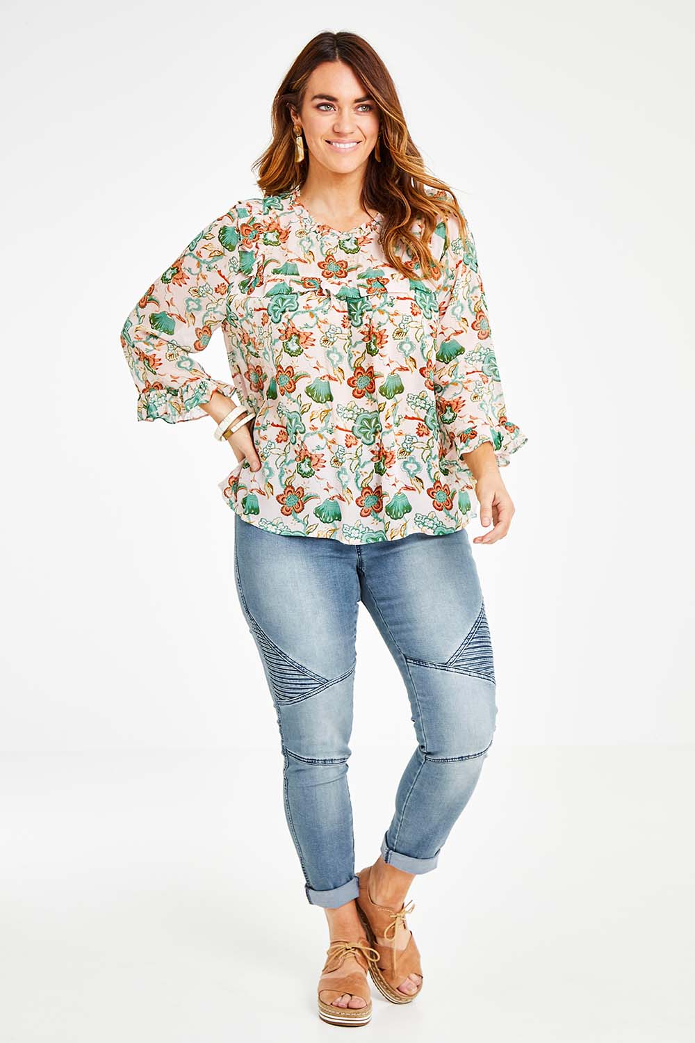 Model Laura wearing size 14 of the Meet Me At Midnight Blouse in colour Pastel (Pink), from the front, showing the whole outfit