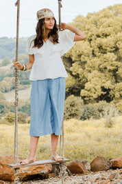 Model Ilona wearing size 10 of the Wild Heart Embroidered Blouse in colour Milk (White), from the front, showing the whole outfit