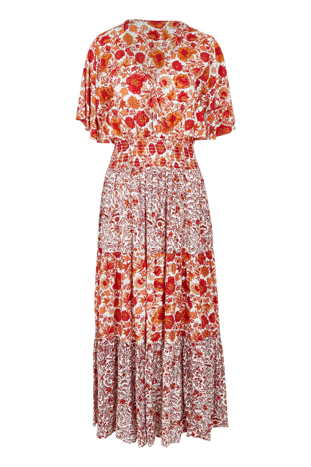 Product shot of the Tiers Of Joy Maxi Dress in colour Coralfleur, from the front
