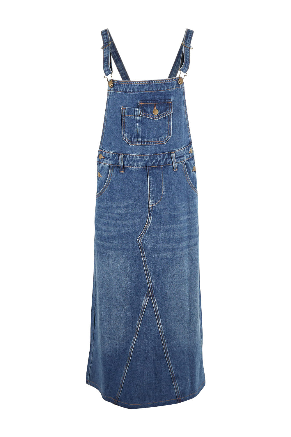 Product shot of the Overall Happiness Dress in colour Denim (Blue), from the front