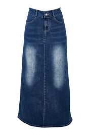 Product shot of the Dusty Footprints Skirt in colour DarkDenim (Blue), from the front