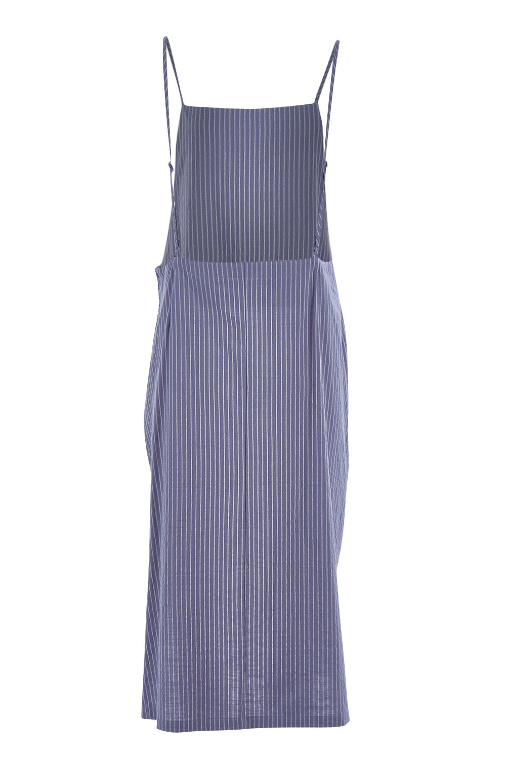 Product shot of the Thats The Way I Like It Pinny Dress in colour Denim (Blue), from the back