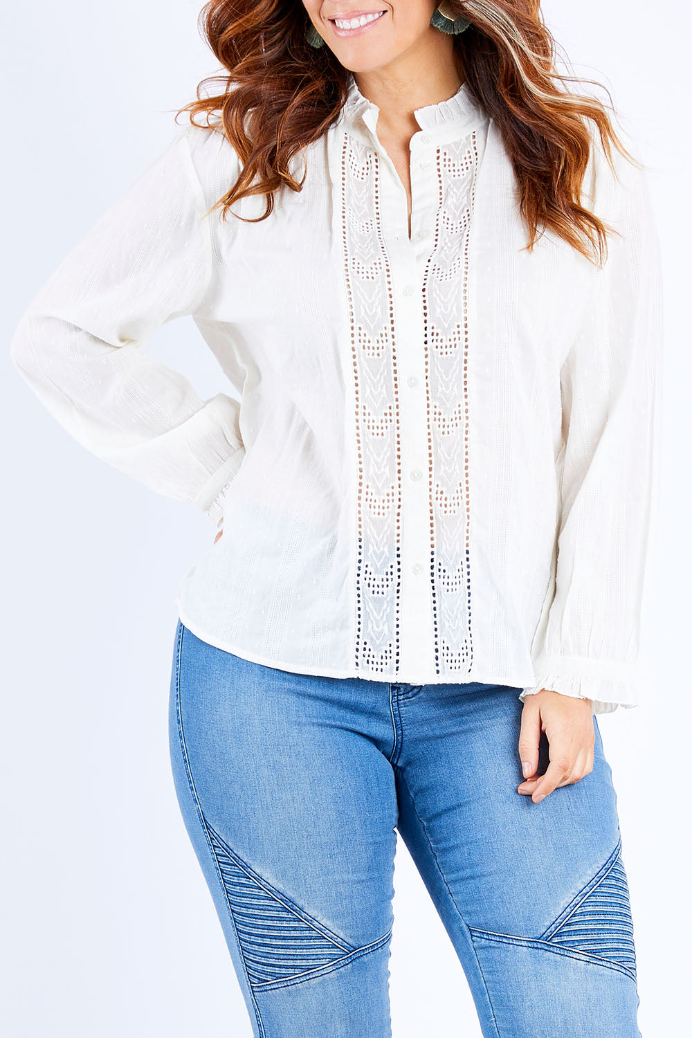 Model Laura wearing size 14 of the Queen Of My Life Blouse in colour White (White), from the front, cropped image