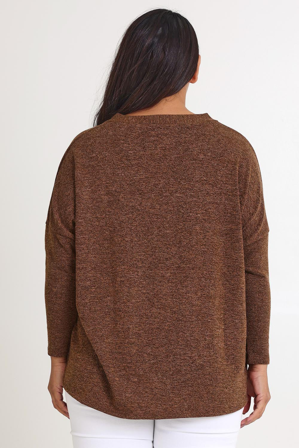 Model Ashleigh wearing size 16 of the My Boyfriends Slouch Cardi in colour Chocolate, from the back