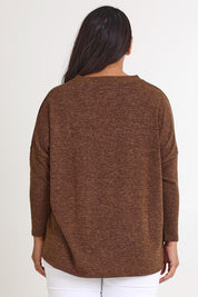 Model Ashleigh wearing size 16 of the My Boyfriends Slouch Cardi in colour Chocolate, from the back