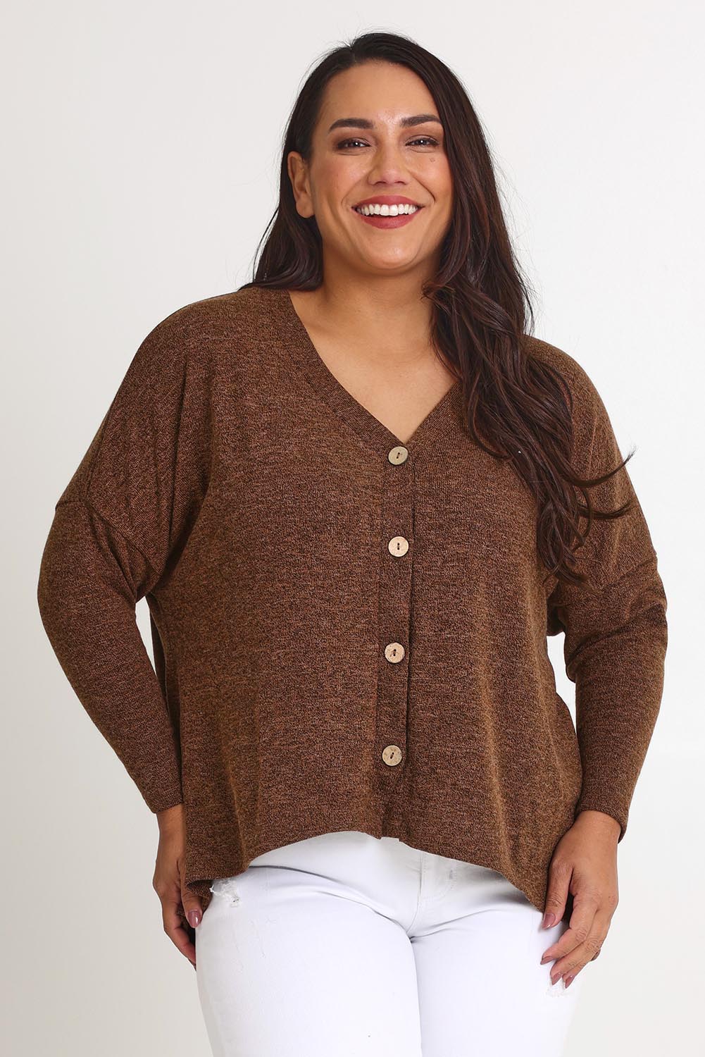 Model Ashleigh wearing size 16 of the My Boyfriends Slouch Cardi in colour Chocolate, from the front, cropped image