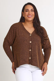 Model Ashleigh wearing size 16 of the My Boyfriends Slouch Cardi in colour Chocolate, from the front, cropped image