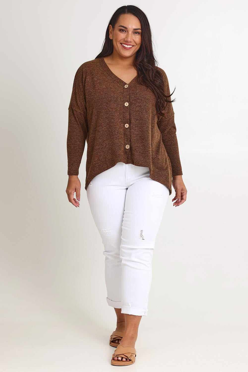 Model Ashleigh wearing size 16 of the My Boyfriends Slouch Cardi in colour Chocolate, from the front, showing the whole outfit