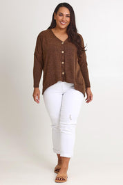 Model Ashleigh wearing size 16 of the My Boyfriends Slouch Cardi in colour Chocolate, from the front, showing the whole outfit