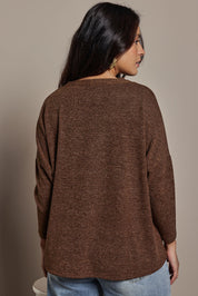 Model Tahnee wearing size 10 of the My Boyfriends Slouch Cardi in colour Chocolate, from the back
